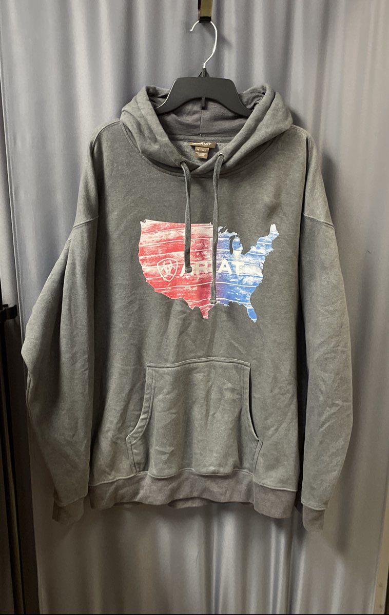 Ariat Men's Gray USA Flag Graphic Pullover Hoodie Fleece Sweatshirt Sz XL Tall