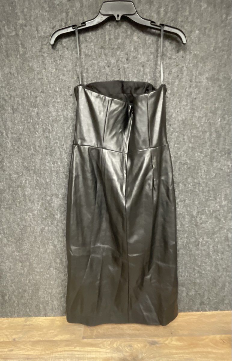 White House Black Market Women's Black Faux Leather Strapless Midi Dress Sz 6