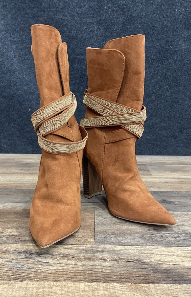 Women's Tan Faux Suede Pointed Toe Block Heel Strap Mid Calf Boots Size 7