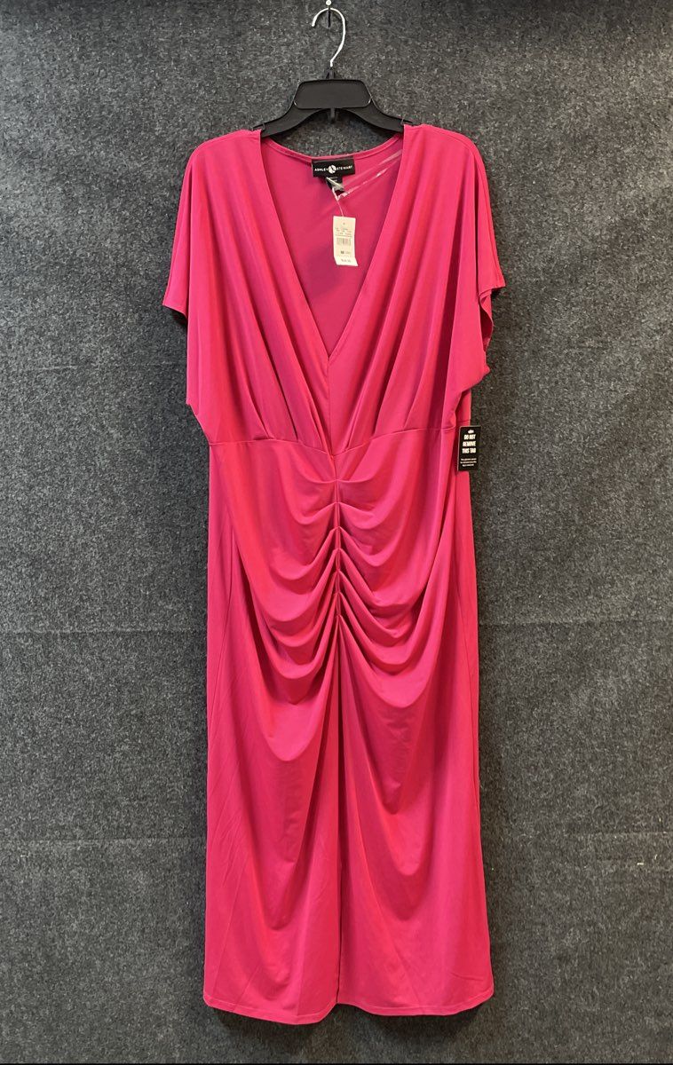 Ashley Stewart Women's Pink Ruby Wine V-Neck Ruched Maxi Dress Sz 22/24 NWT