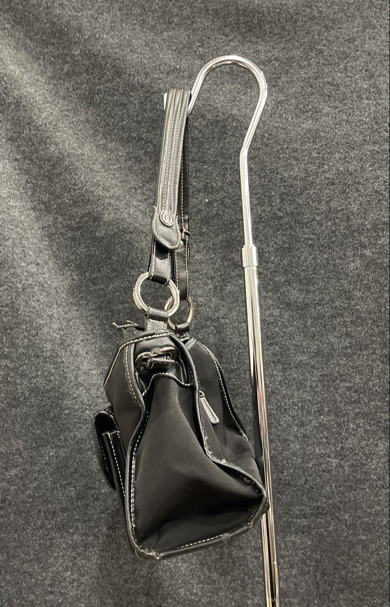 Etienne Aigner Black Canvas Leather Trim Shoulder Bag Silver Logo Hardware