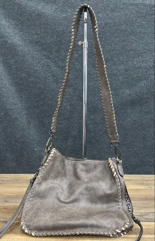 Antik Kraft Grey Vegan Leather Whipstitch Crossbody Hobo Shoulder Bag