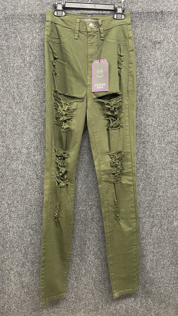 Fashion Nova Women's Olive Green Distressed High Waist Skinny Pants Sz 5 NWT