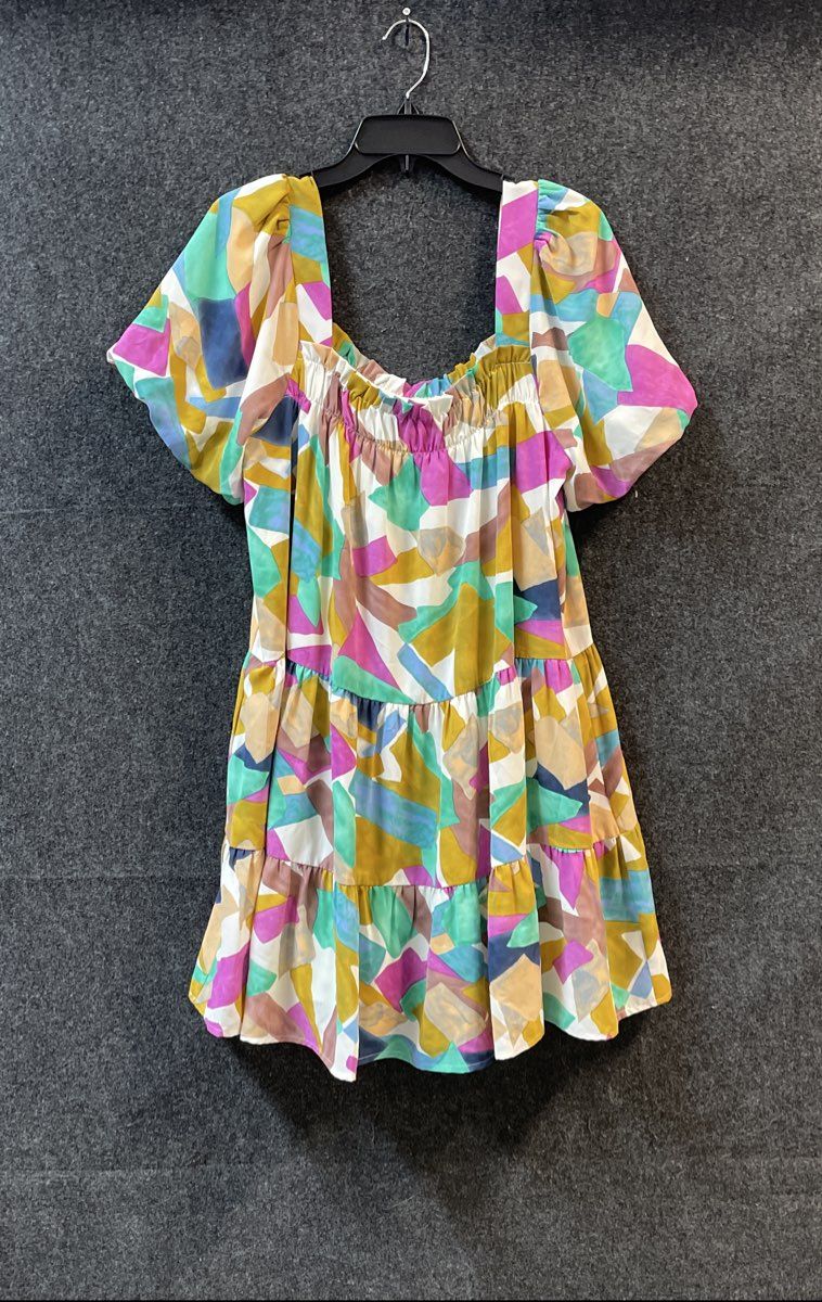 Joy Joy Women's Multicolor Geometric Abstract Puff Sleeve Tiered Mini Dress XL