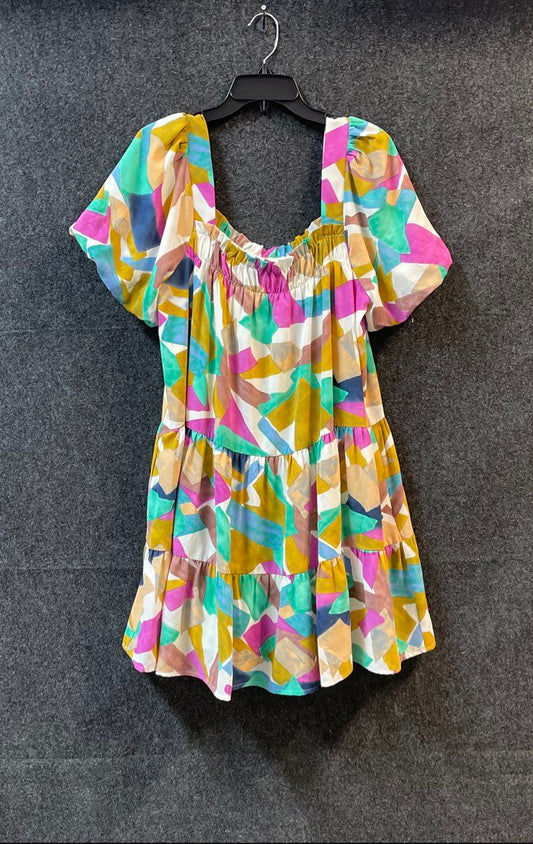 Joy Joy Women's Multicolor Geometric Abstract Puff Sleeve Tiered Mini Dress XL