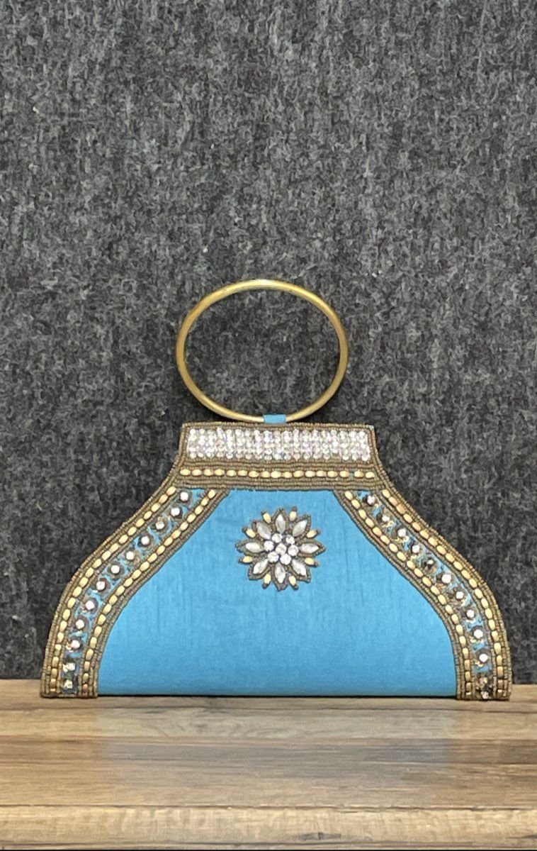 Turquoise Blue Handcrafted Beaded Ethnic Evening Clutch Bag Ring Handle