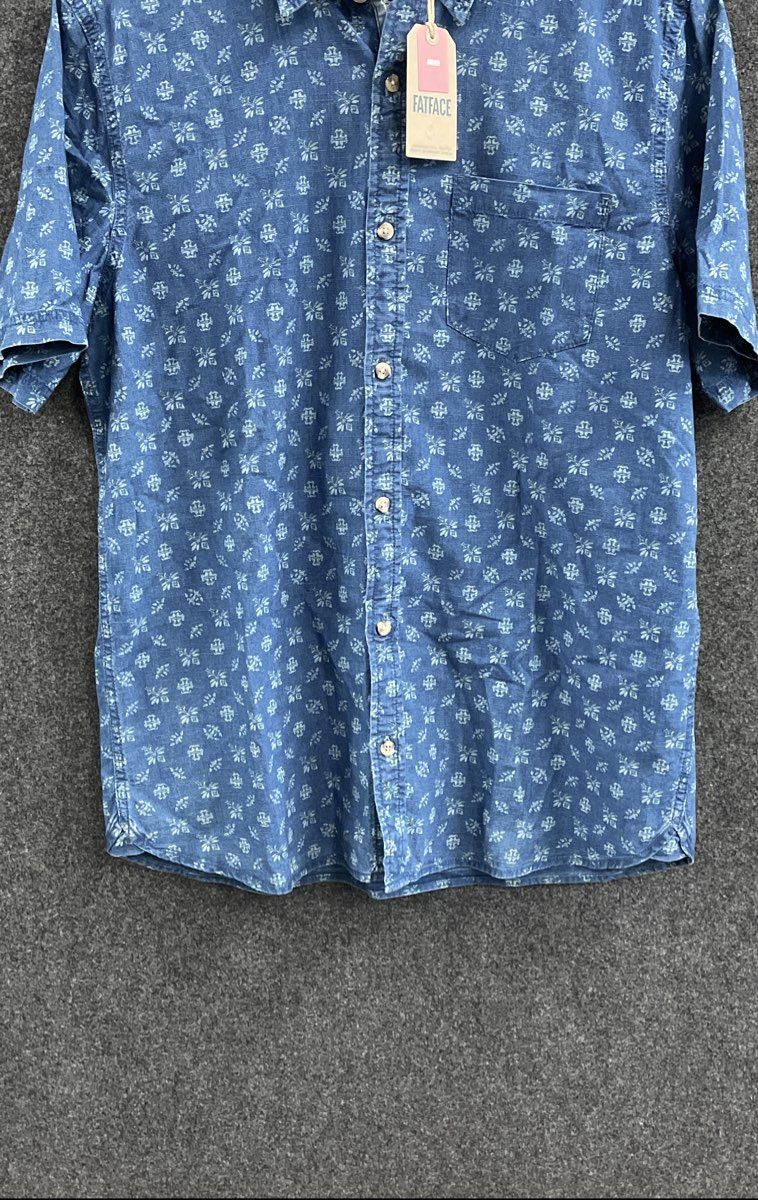 FatFace Men's Indigo Blue Geo Print Short Sleeve Cotton Shirt XL Regular NWT