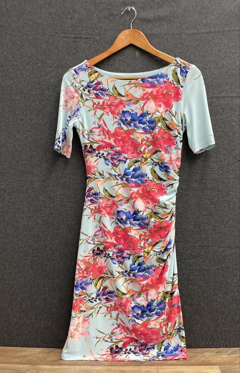 Jones New York Women's Floral Ruched Side Sheath Dress Blue Pink Sz 4