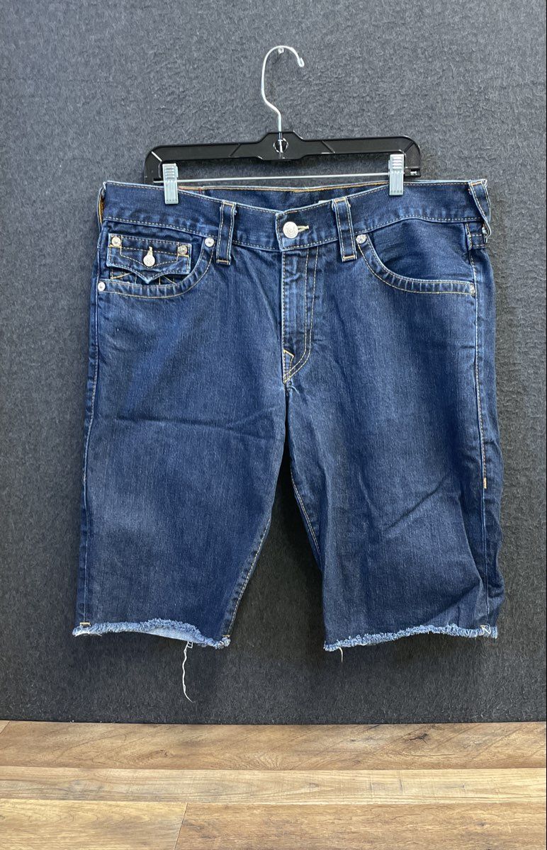 True Religion Men's Indigo Cutoff Denim Shorts Horseshoe Flap Pockets Sz 36