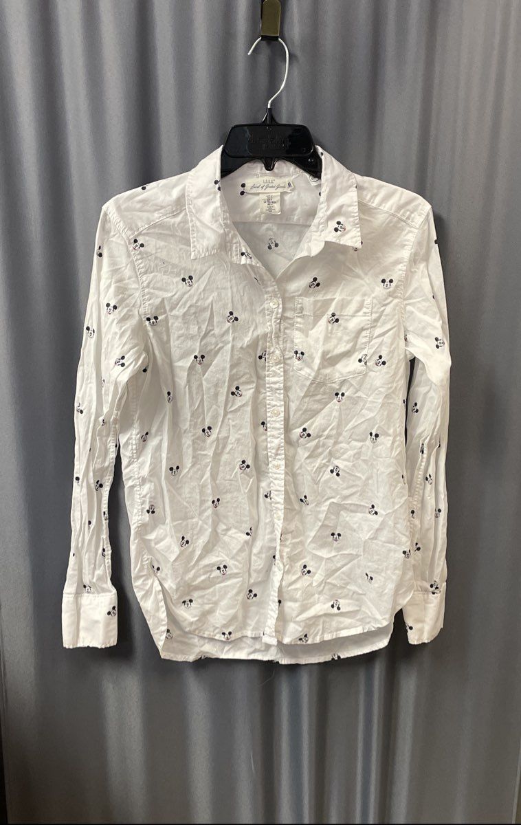 H&M L.O.G.G. Women's Mickey Mouse Pattern Button Down Shirt White Sz 4