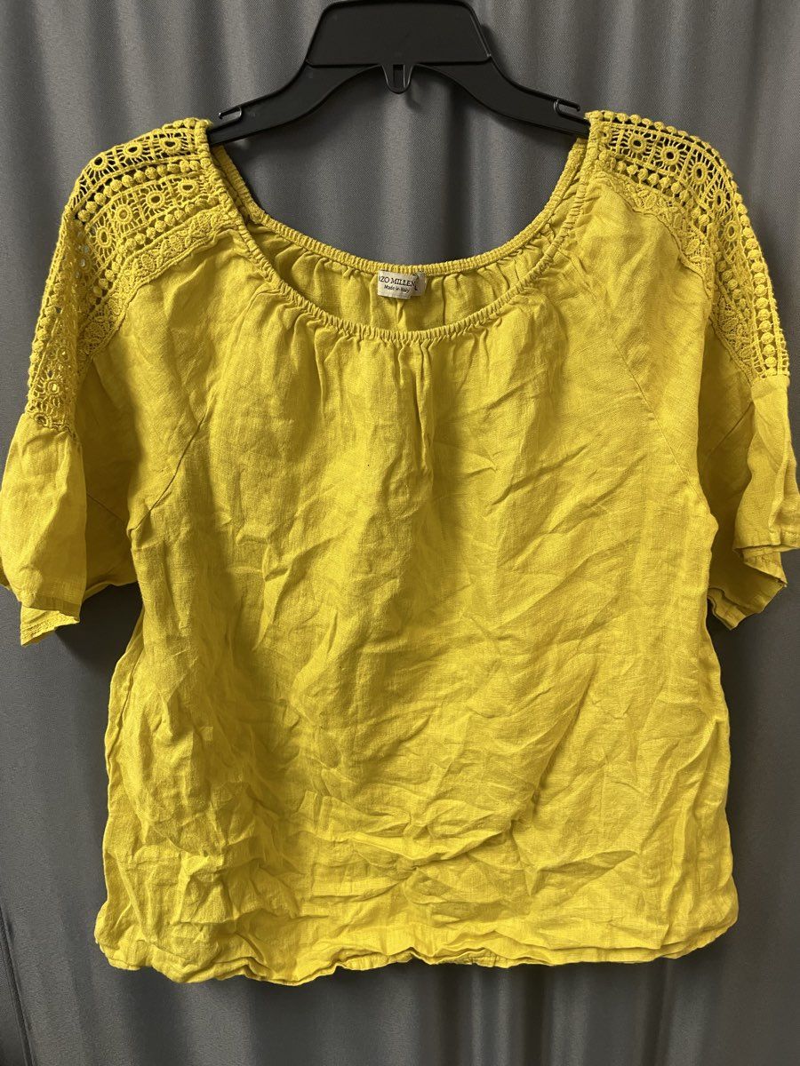 Terzo Millennio Women's Yellow 100% Linen Crochet Sleeve Blouse Made Italy Sz L