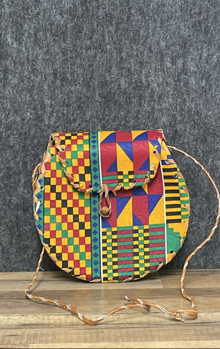 Handmade Circular Crossbody Bag Multicolor Geometric Print Folk Art 8.5 inch
