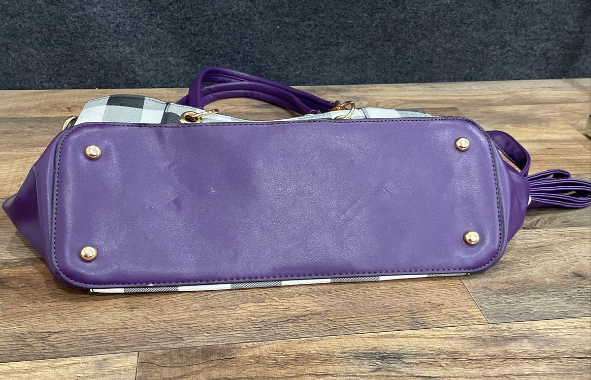 Mia K. Collection Purple Checkered Leather Tote Handbag Gold Tone Charm