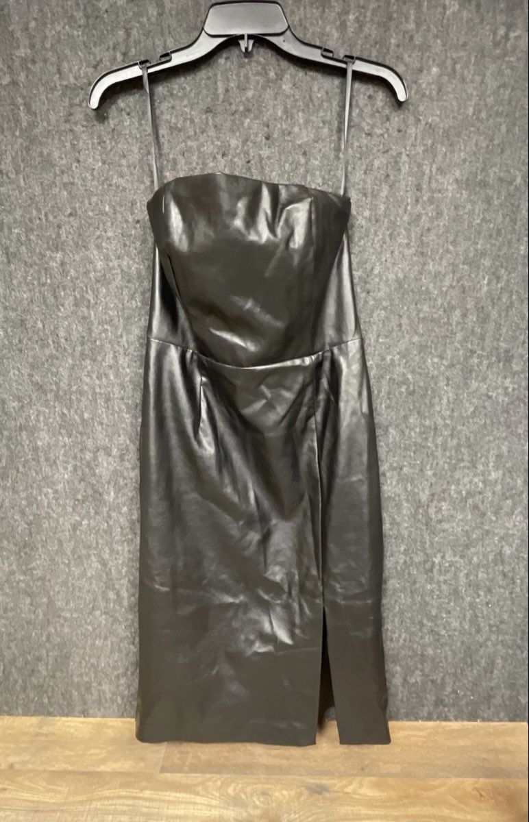 White House Black Market Women's Black Faux Leather Strapless Midi Dress Sz 6