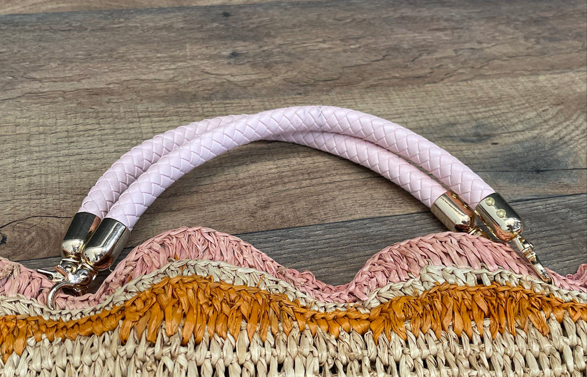 Payton James Brown Orange Pink Woven Raffia Scalloped Mat Handbag Handmade
