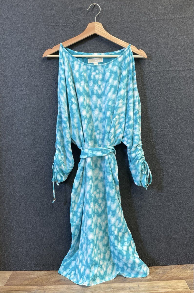 Michael Kors Women's Cold Shoulder Tie Waist Ruched Sleeve Blue Print Dress Sz L