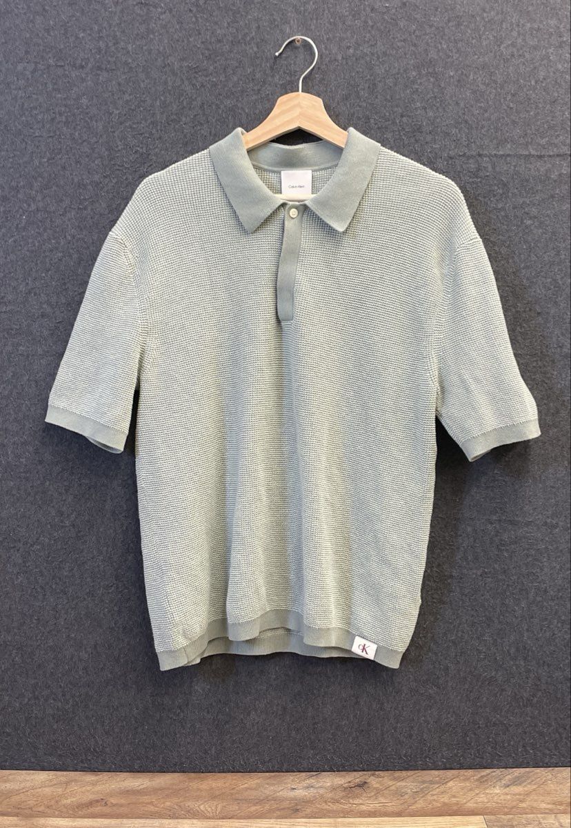 Calvin Klein Men's Sage Green Waffle Knit Cotton Short Sleeve Polo Shirt Sz M