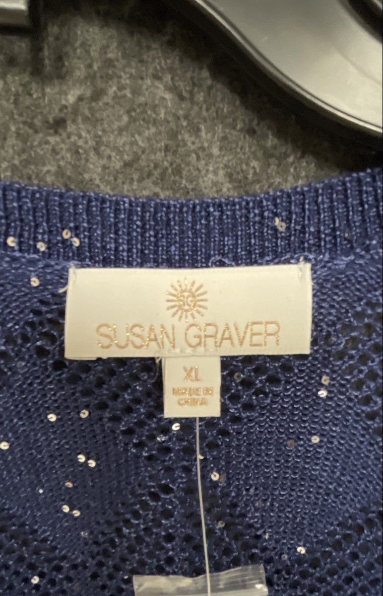 Susan Graver Women's Navy Blue Sequin Open Knit Tie Waist Duster Cardigan Sz XL