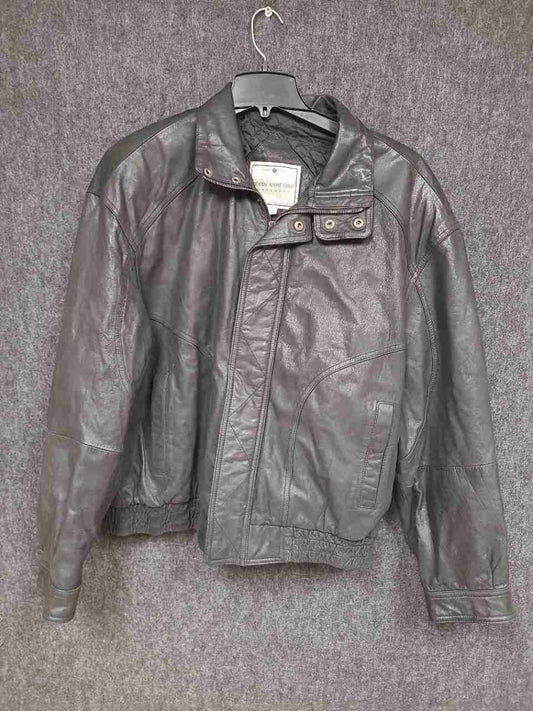 Vintage 90s John Ashford Men's Black Leather Bomber Flight Jacket Size XL