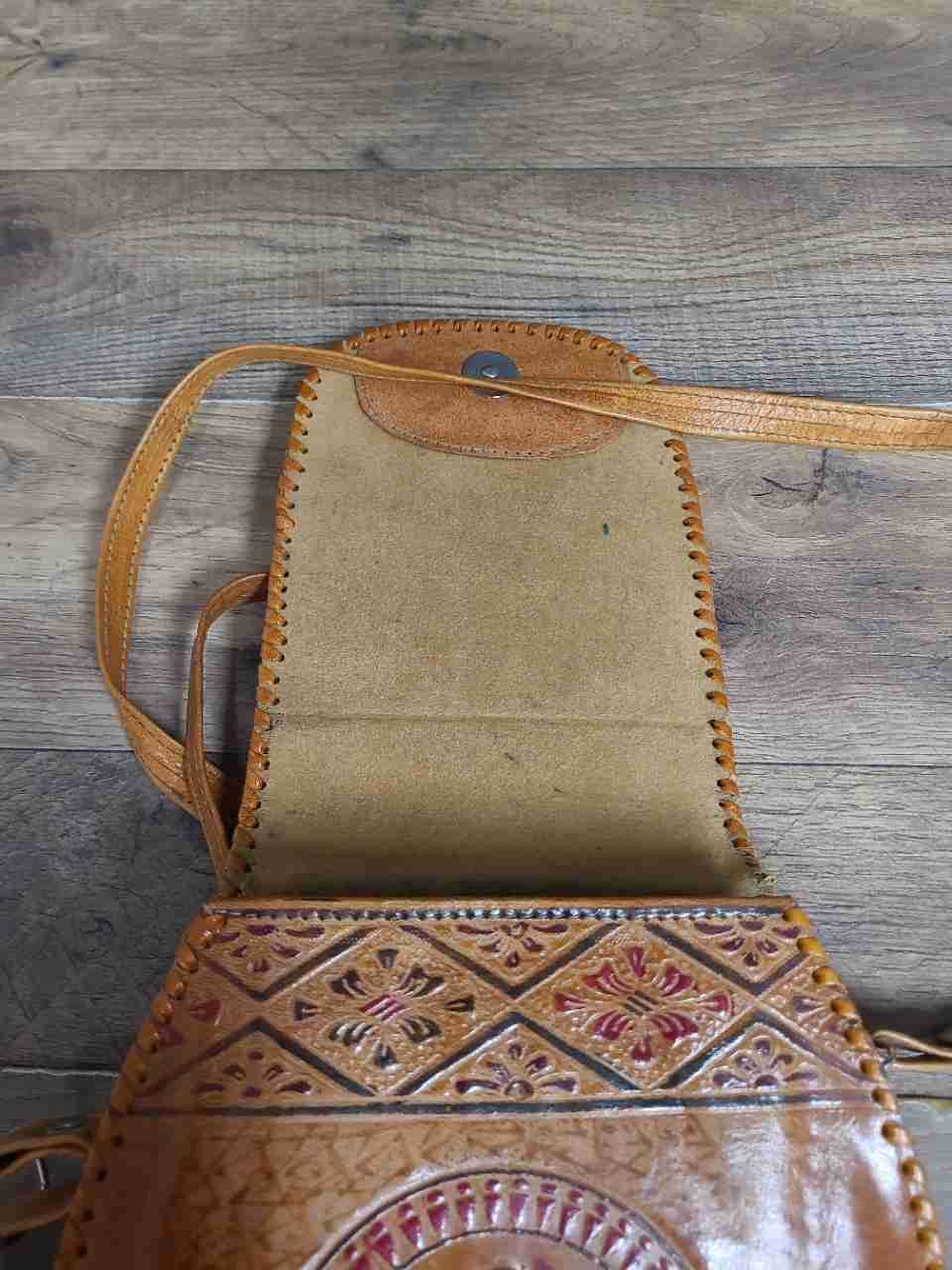Vintage Tan Tooled Leather Elephant Crossbody Bag Boho Hippie Shoulder Bag