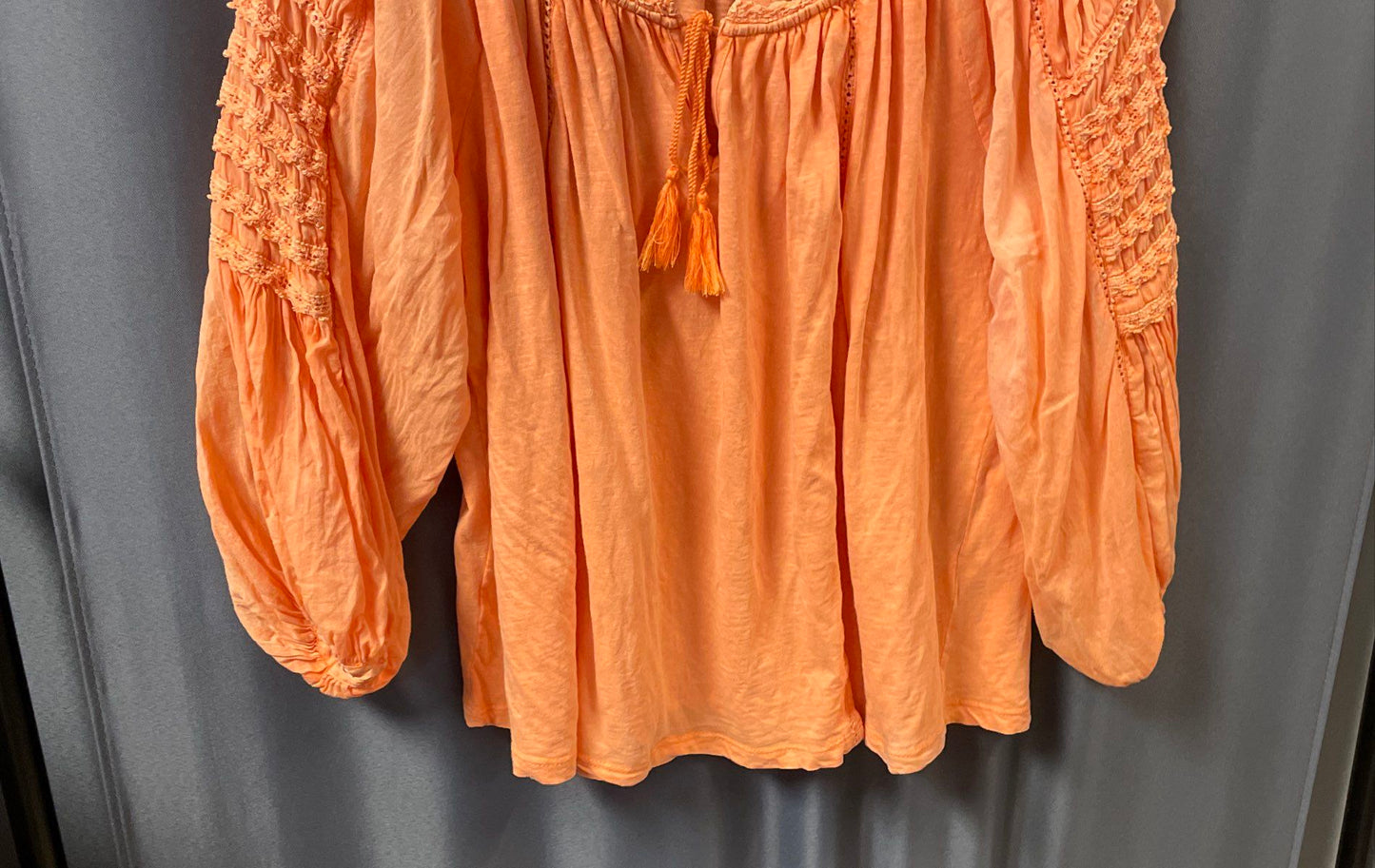 Anthropologie Women's Orange Cotton Peasant Blouse Tassel Smocked Sleeves Sz L