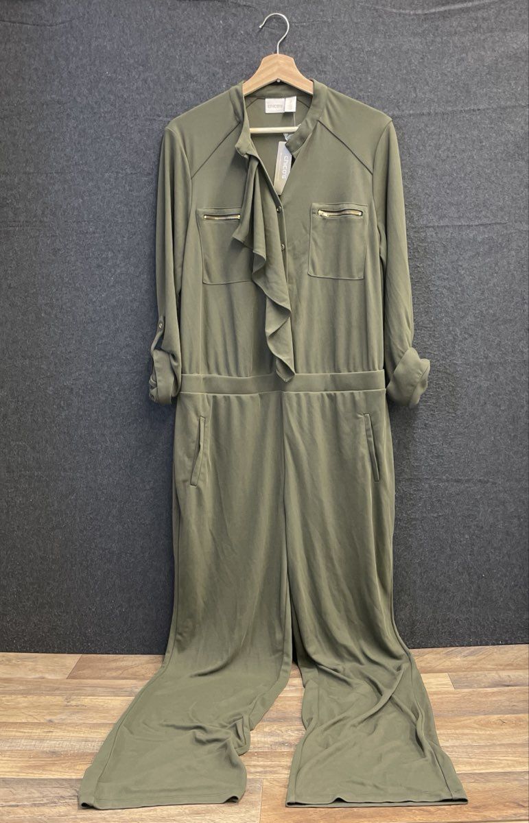 Chico's Women's Utility Ruffle Jumpsuit Grape Leaf Green Wide Leg Sz 2 NWT