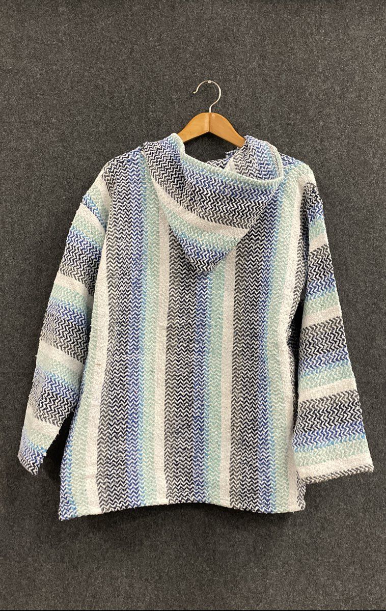 Baja Joe Men's Blue White Striped Mexican Baja Poncho Hoodie Pullover Sz XXL