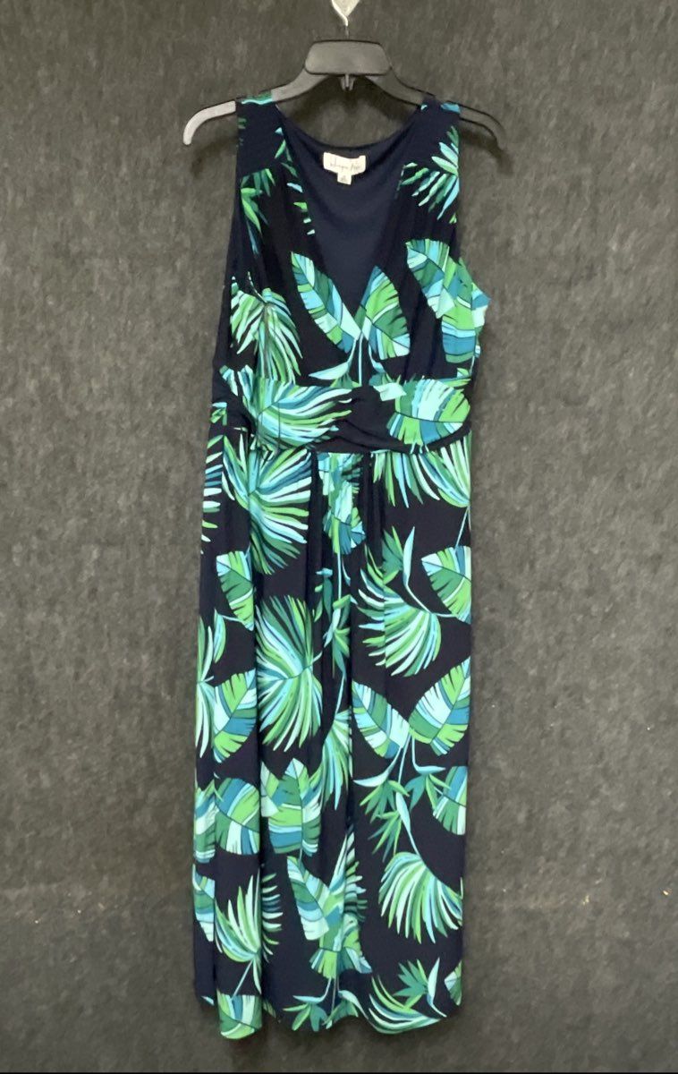 Harper Rose Women's Navy Tropical Palm Print Empire Waist Sleeveless Maxi Sz 16