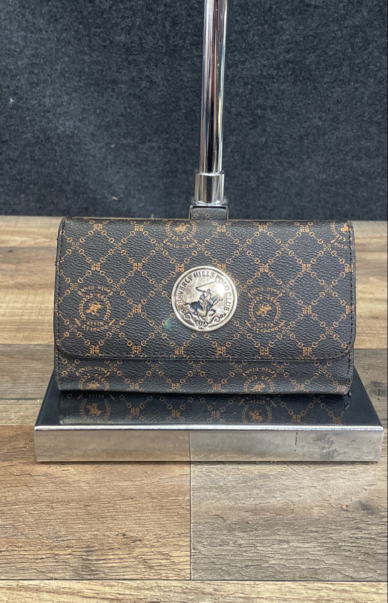 Beverly Hills Polo Club Brown Monogram Logo Trifold Wallet Silver Hardware
