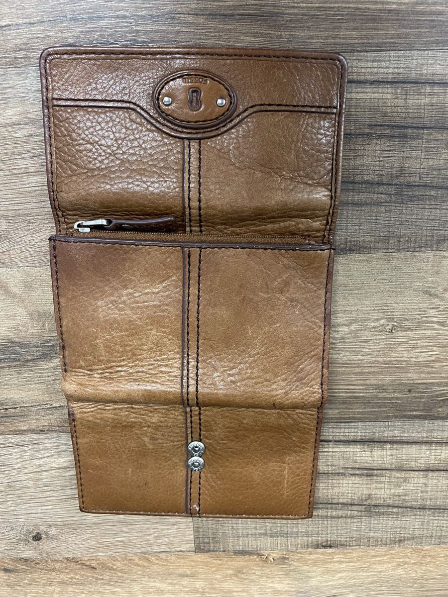 Fossil Tan Brown Leather Trifold Wallet SWL1004 Zip Coin Pouch Vintage Small