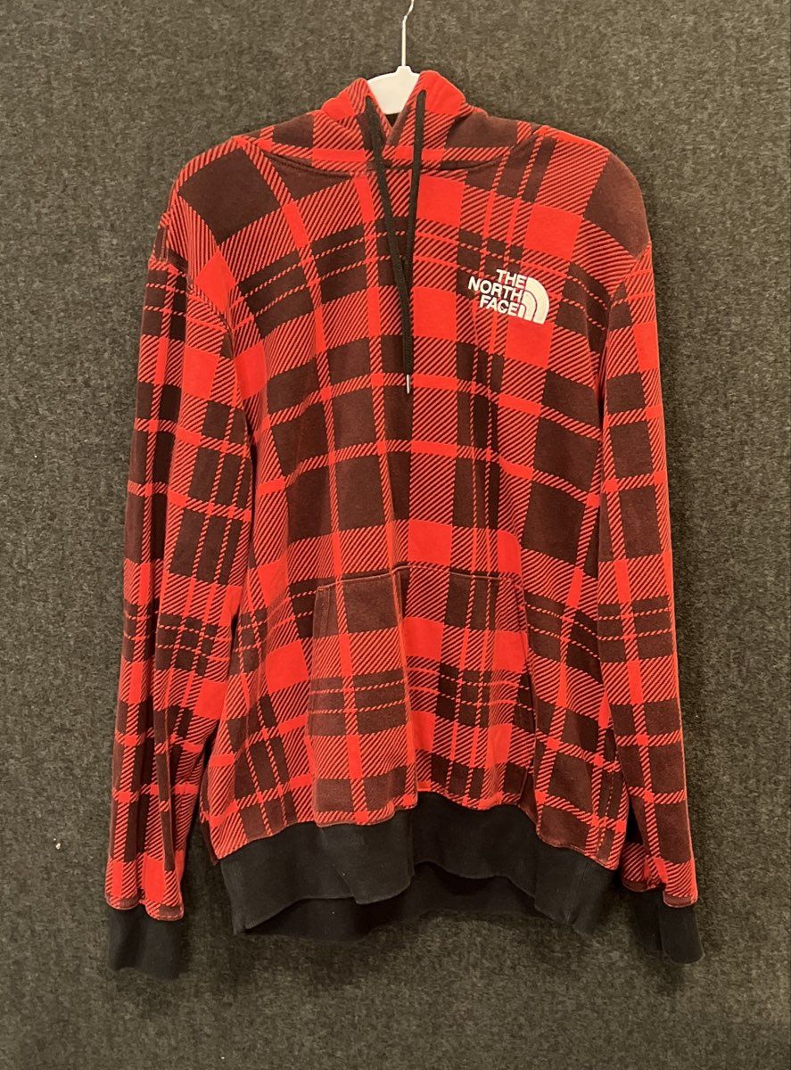 The North Face Unisex Red Black Plaid Fleece Pullover Hoodie Size L