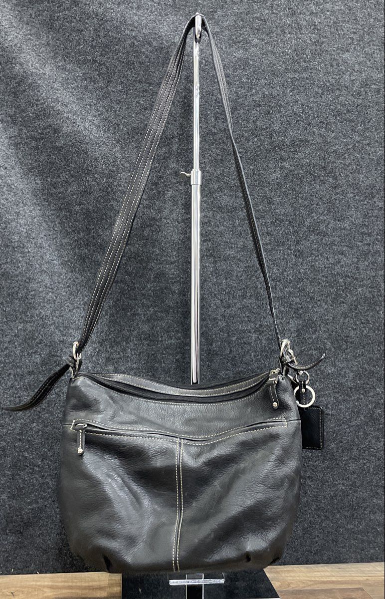Tignanello Black Leather Multi Pocket Crossbody Shoulder Bag Silver Hardware