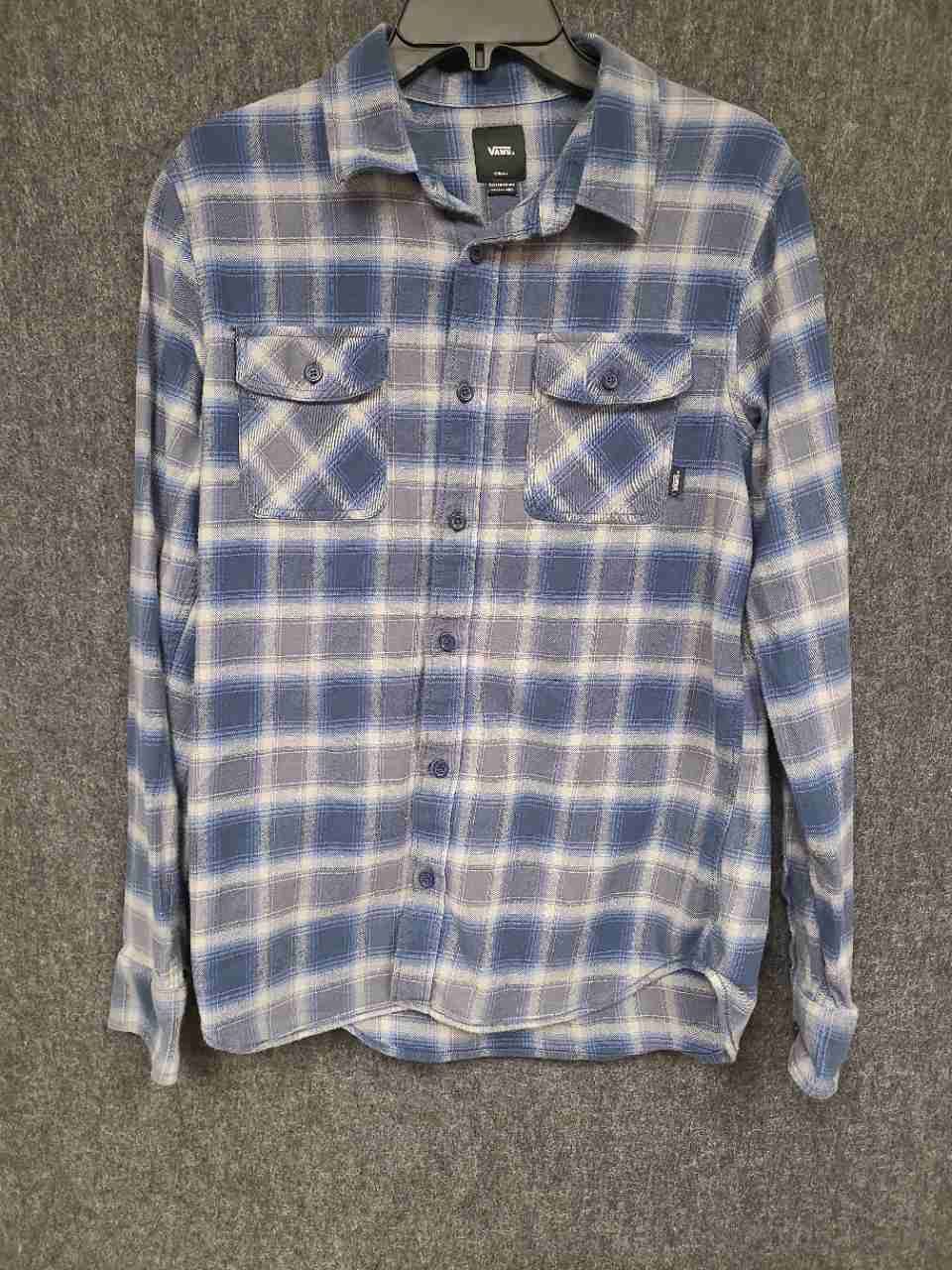Vans Men's Blue Gray Plaid Flannel Long Sleeve Tailored Fit Button Up Shirt Sz S
