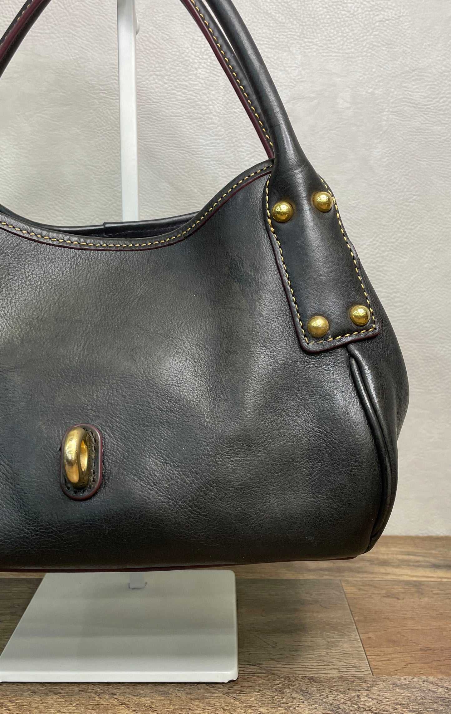 Dooney & Bourke Black Pebbled Leather Satchel Bag Brass Hardware Red Lining