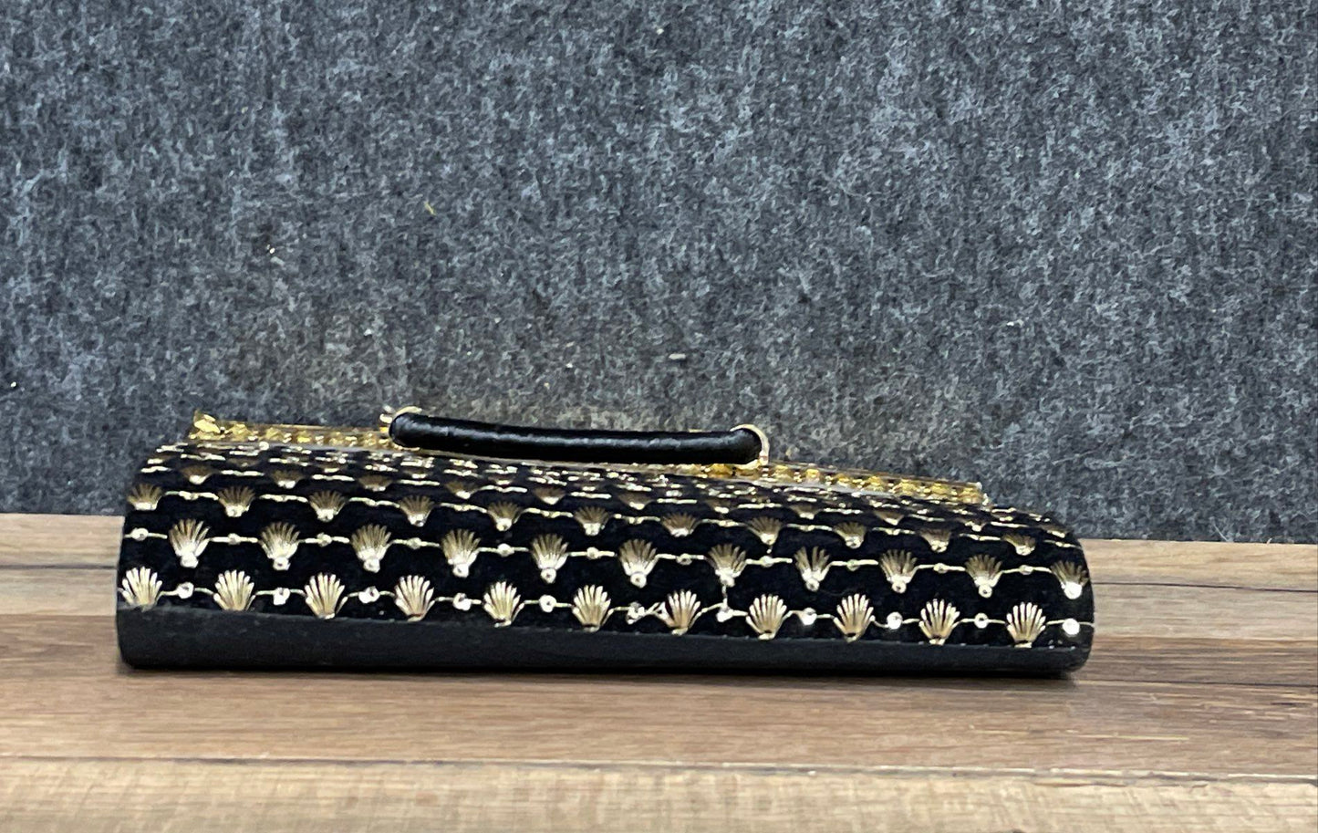 Vintage 90s Black Gold Embroidered Shell Top Handle Evening Handbag Clutch