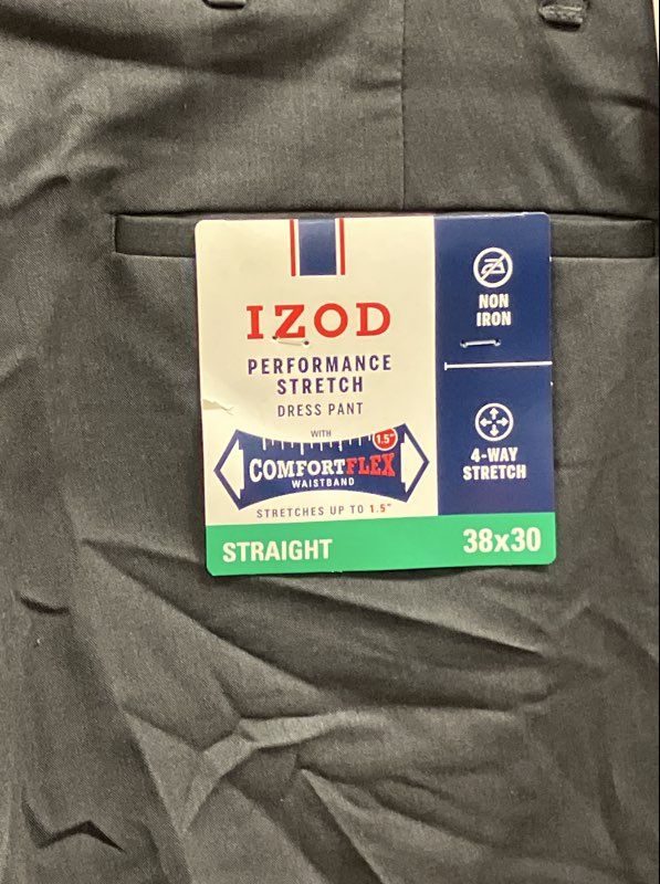 IZOD Men's Charcoal Performance Stretch Dress Pants Straight Fit Sz 38x30 NWT