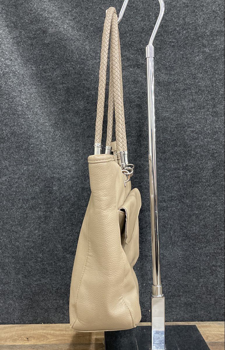 Taupe Grey Pebbled Leather Tote Shoulder Bag Braided Handles Silver Hardware