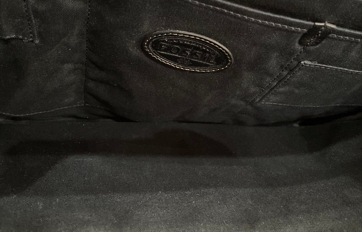 Fossil Black Leather Briefcase Laptop Bag Messenger Satchel Silver Hardware