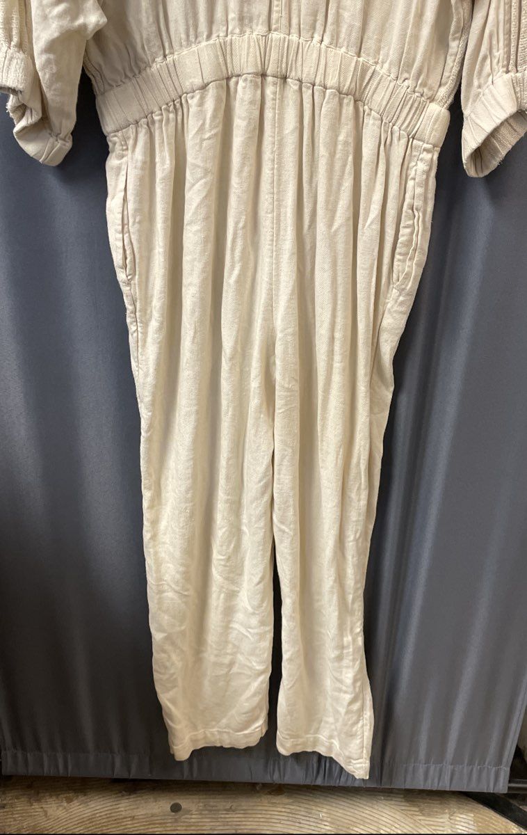 Free People Women's Skyline Jumpsuit Beige Linen Blend Puff Sleeve Pleated Sz XS