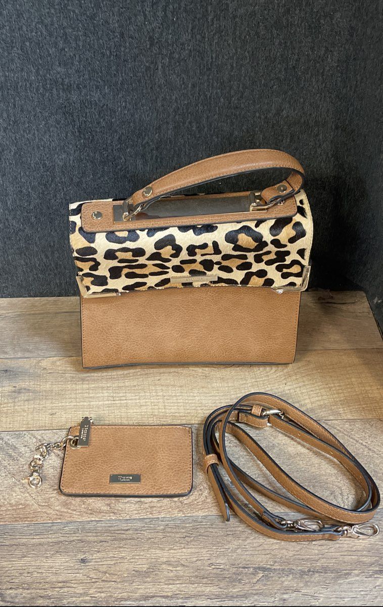 Dune London Tan Leopard Print Satchel Bag with Strap & Wallet Gold Hardware