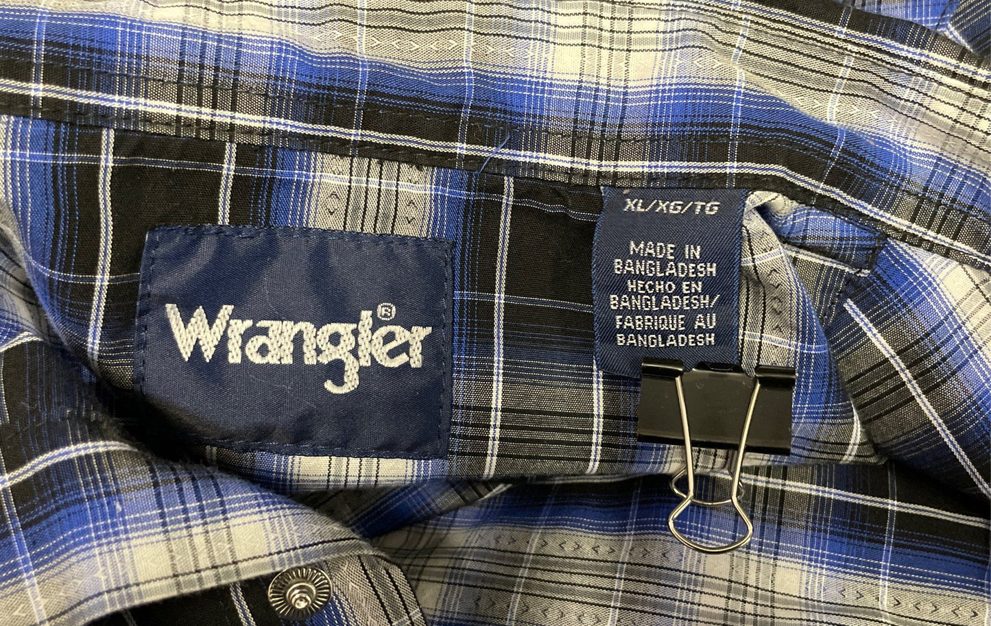 Wrangler Men's Blue Black White Plaid Long Sleeve Western Pearl Snap Shirt XL