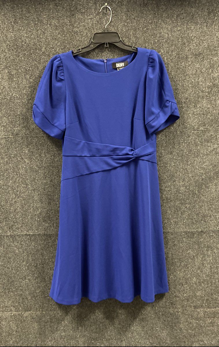 DKNY Women's Blue Twisted Waist Puff Sleeve A-Line Dress Size 12 NWT