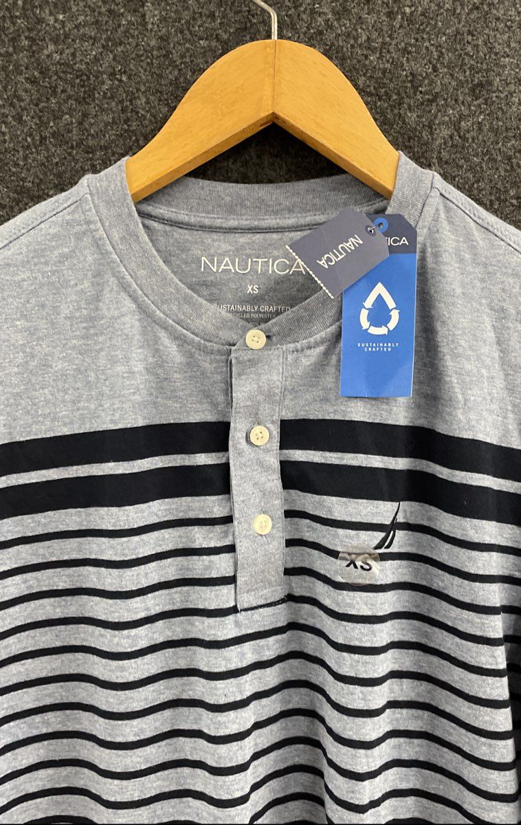 Nautica Men's Long Sleeve Henley Gray Navy Striped NWT Sustainably Crafted Sz XS
