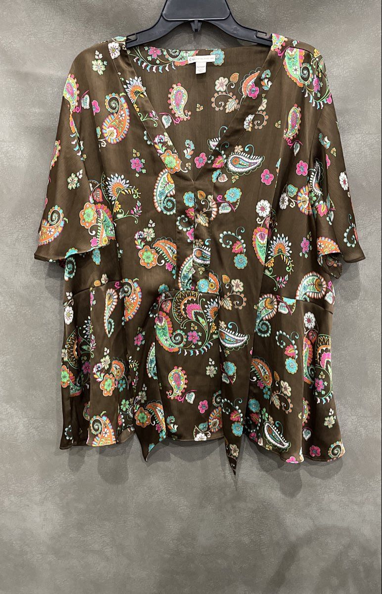 Cato Women's Brown Floral Paisley Flutter Sleeve V-Neck Peplum Blouse Sz 26/28WP