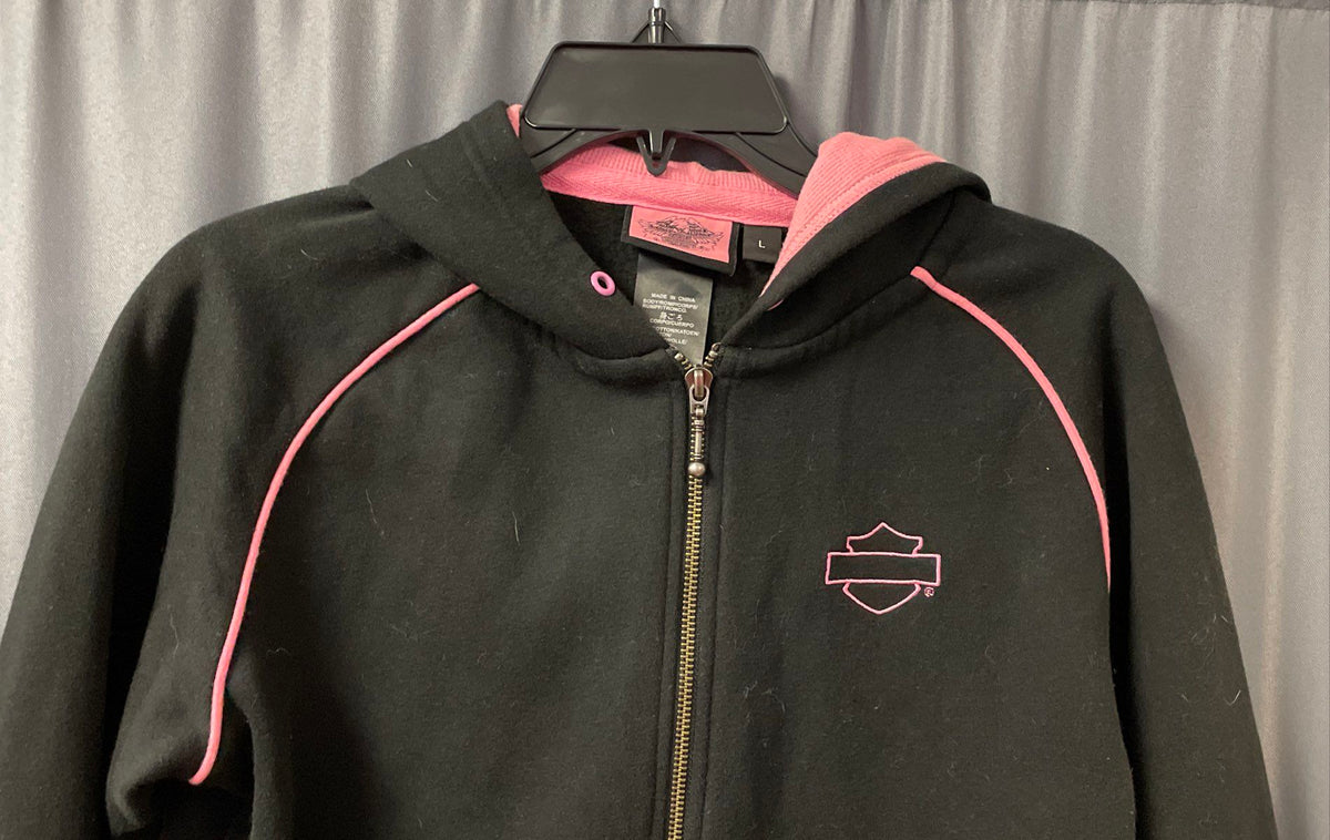 Vintage Harley-Davidson Embroidered Zip Up Hoodie Black Pink Sz L