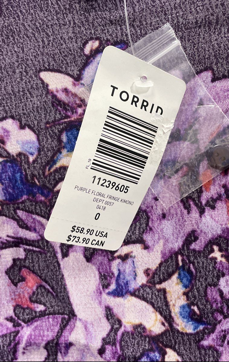 Torrid Women's Purple Floral Fringe Kimono Cardigan Layering Piece Sz 0 NWT