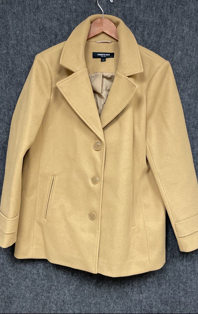 Kenneth Cole Women's Tan Peacoat Overcoat Single Breasted Lined Size L
