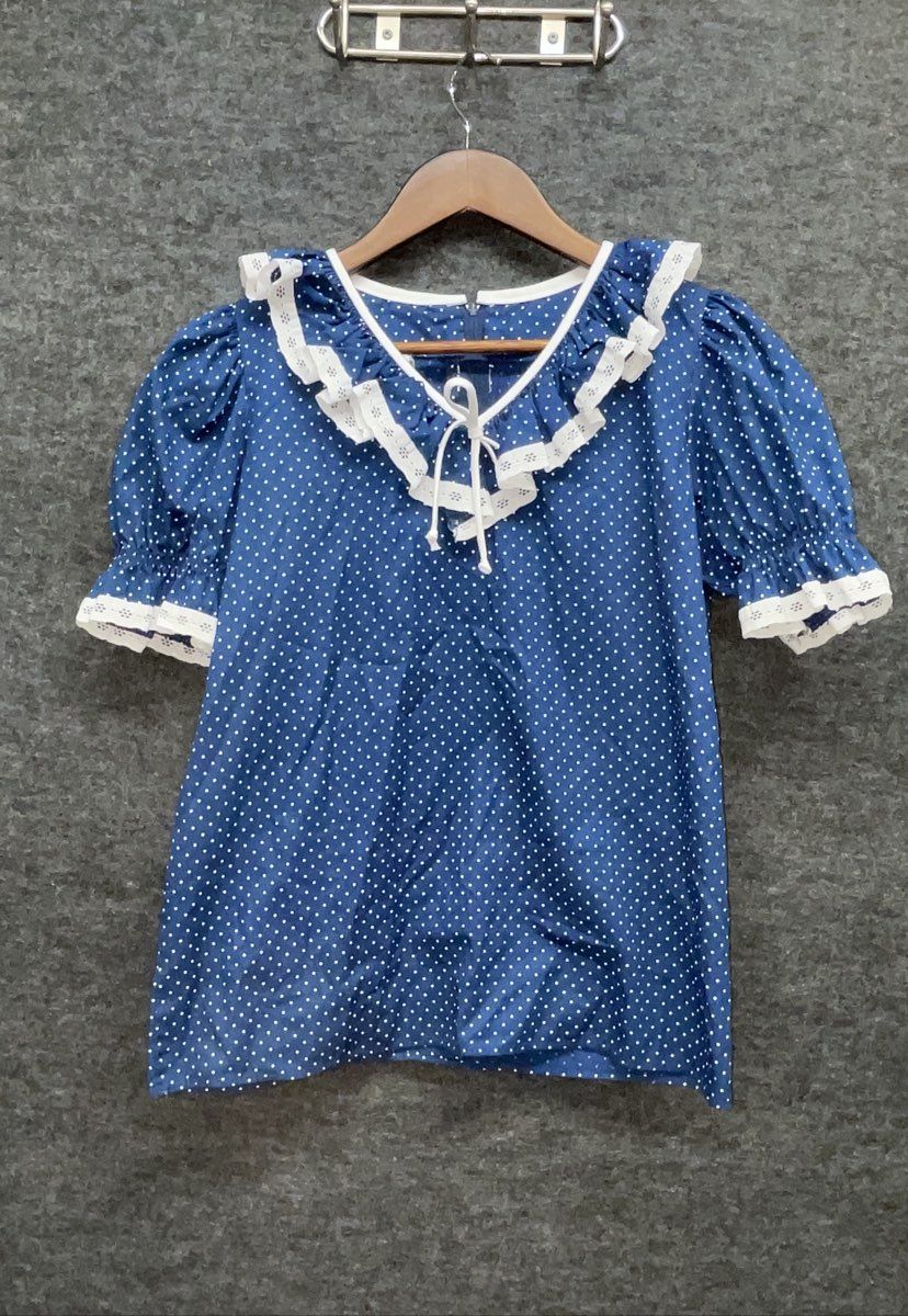 Vintage 80s Blue Polka Dot Square Dance Skirt Blouse Set Eyelet Size M