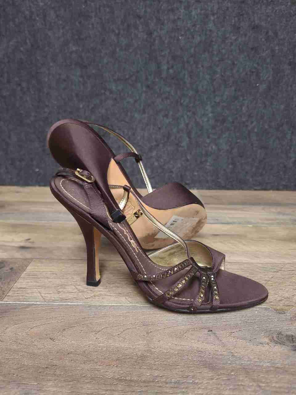 Nina Brown Satin Rhinestone Embellished Strappy Slingback Heels Size 7.5