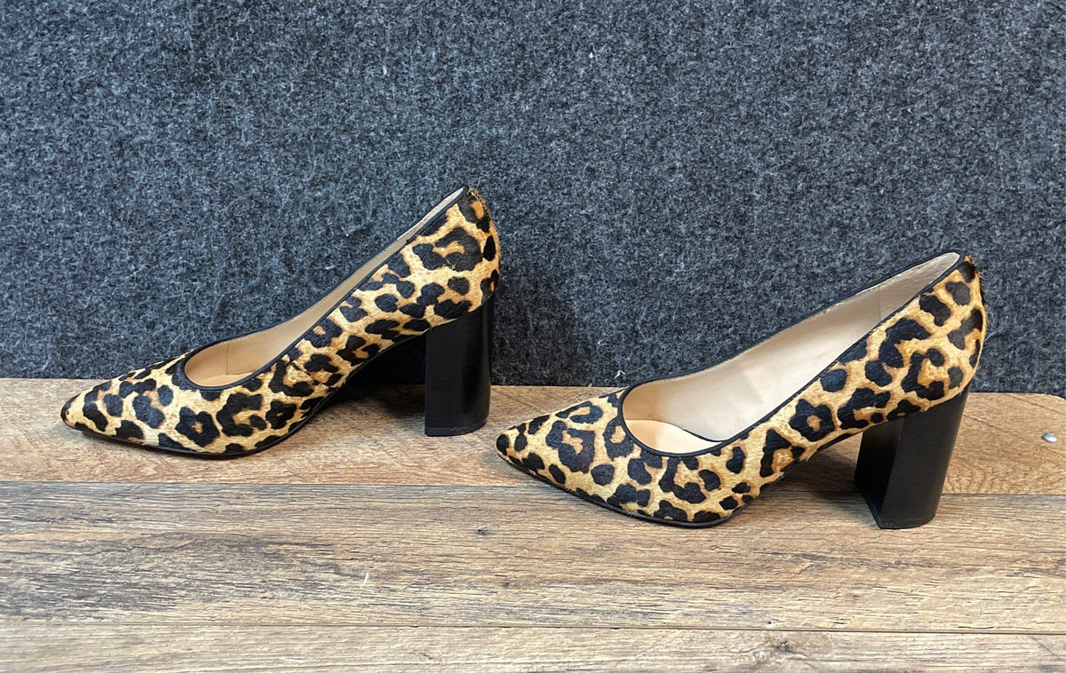 Franco Sarto Palma Leopard Calf Hair Pointed Toe Block Heel Pumps Size 6W